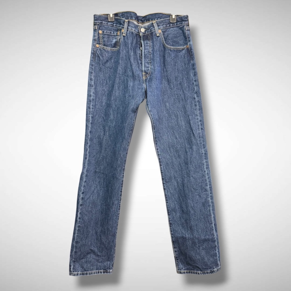 Levis 501 Jeans Mens 33 X 34 Button Fly Solid Blue Denim Straight Fit Y2k Biker